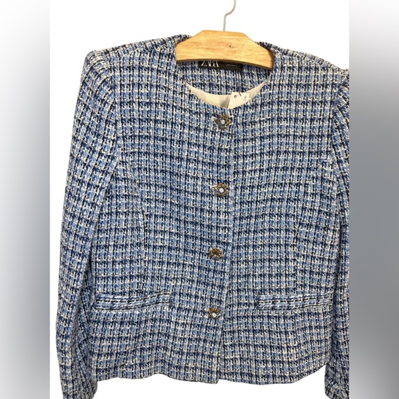 Zara Blue Tweed Blazer with Button Detail - Picture 2 of 8